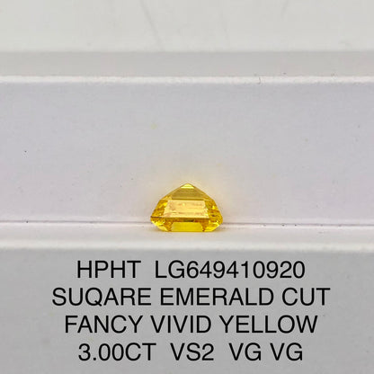 3 Carat Lab Grown Diamond Fancy Vivid Yellow VS2 Square Emerald 2VG HPHT Wholesale