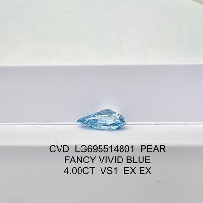 4.00 Carat Lab Grown Diamond Fancy Vivid Blue Pear Shape 2EX CVD VS1 IGI Certified