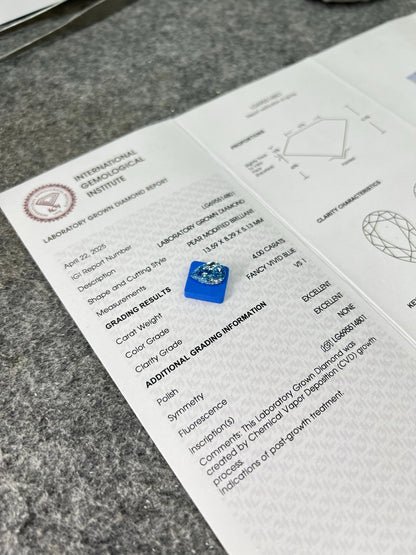 4.00 Carat Lab Grown Diamond Fancy Vivid Blue Pear Shape 2EX CVD VS1 IGI Certified
