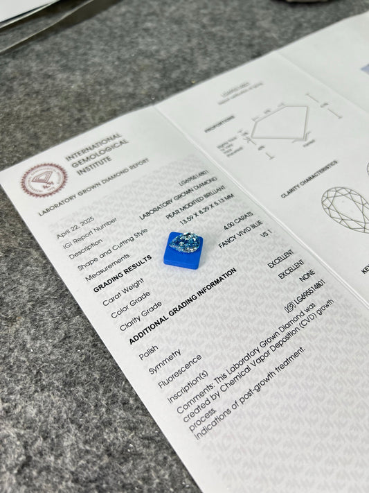 4.00 Carat Lab Grown Diamond Fancy Vivid Blue Pear Shape 2EX CVD VS1 IGI Certified