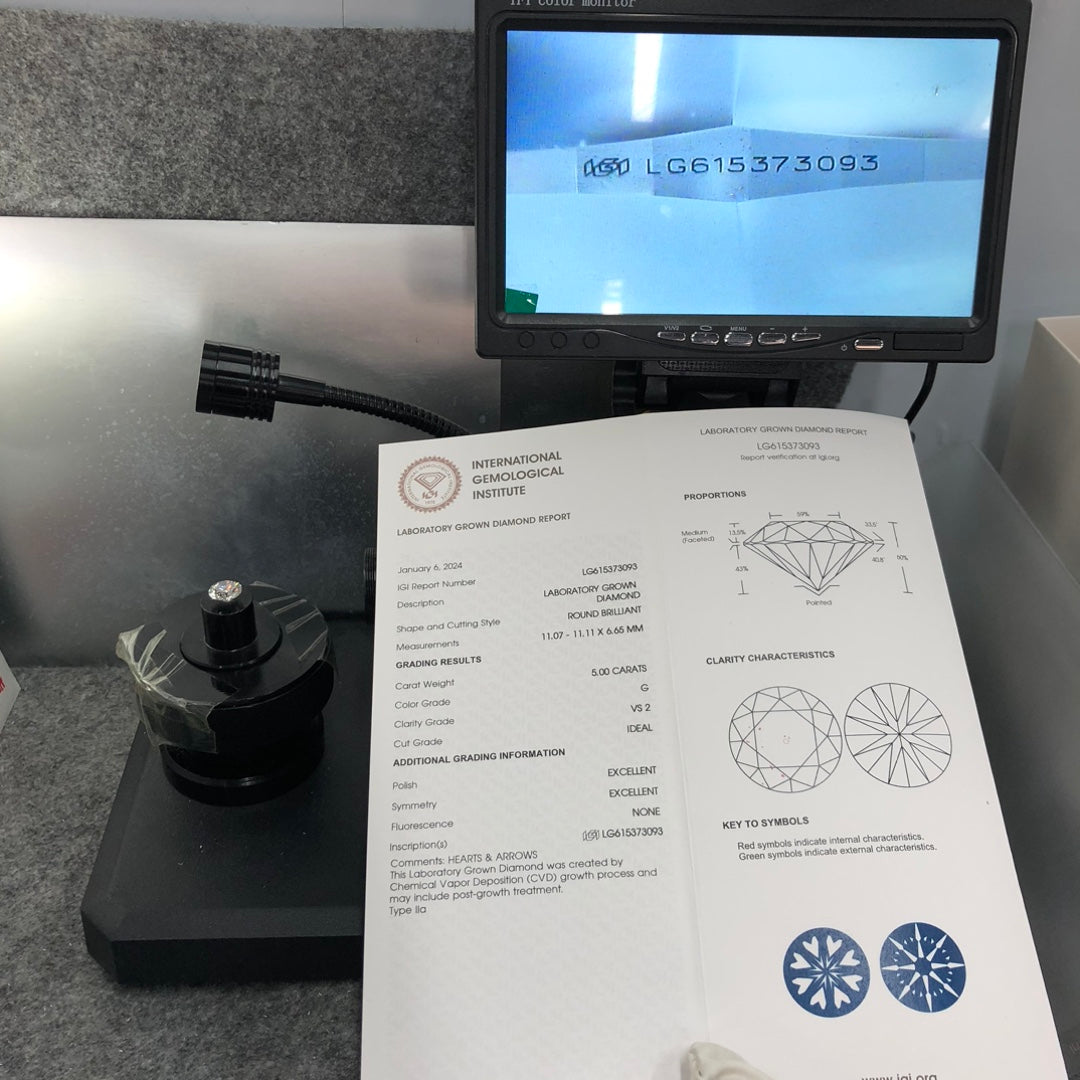 Diamant synthétique de 5,00 carats, certifié G IGI, CVD VS2, taille ID 2EX 