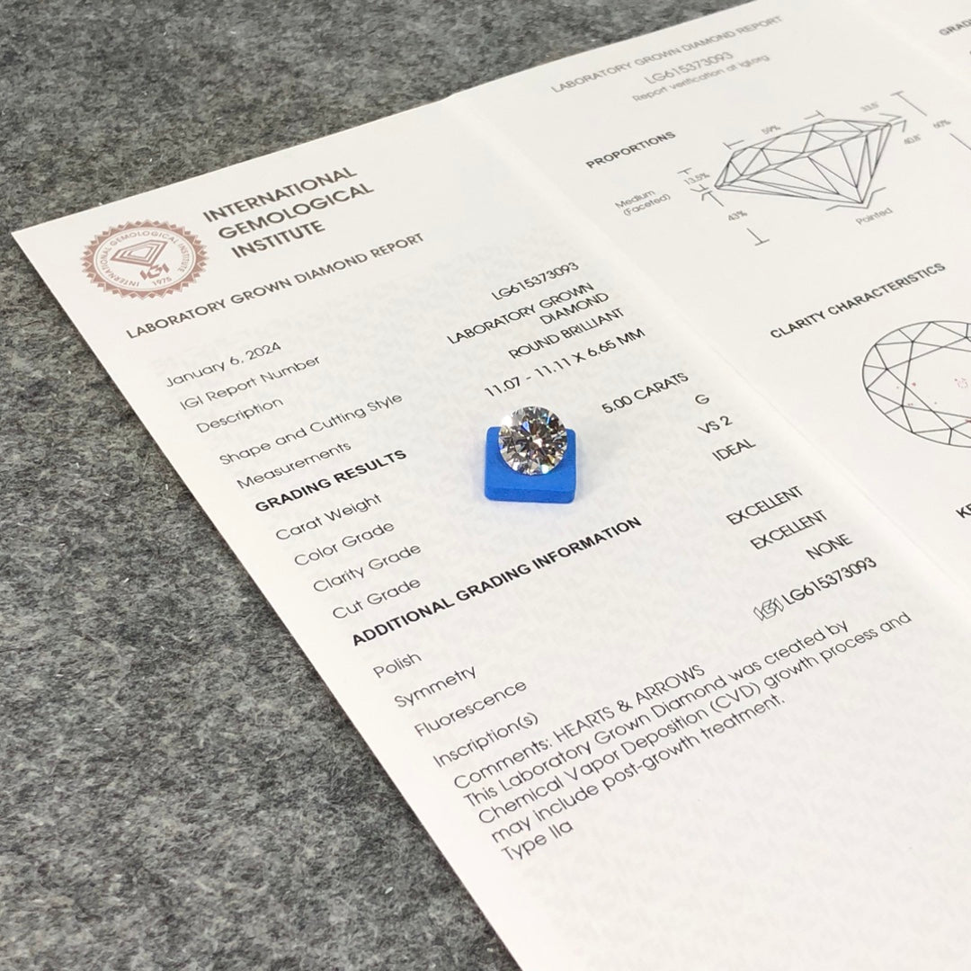 Diamant synthétique de 5,00 carats, certifié G IGI, CVD VS2, taille ID 2EX 