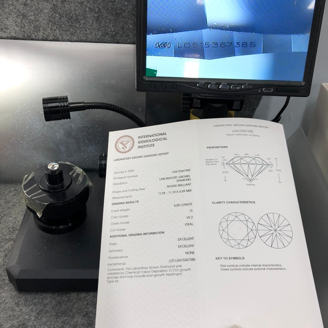 Diamant synthétique de 5,00 carats G VS2 ID EX EX IGI certifié CVD 