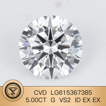 Diamant synthétique de 5,00 carats G VS2 ID EX EX IGI certifié CVD 