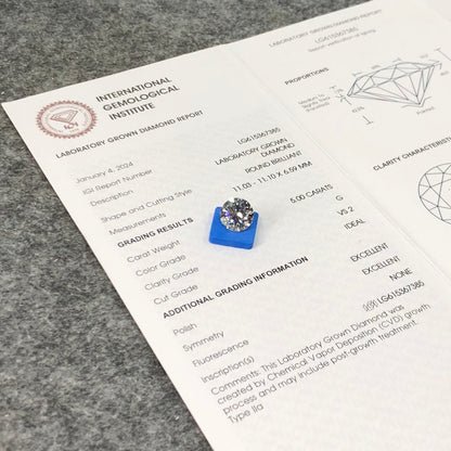 Diamant synthétique de 5,00 carats G VS2 ID EX EX IGI certifié CVD 
