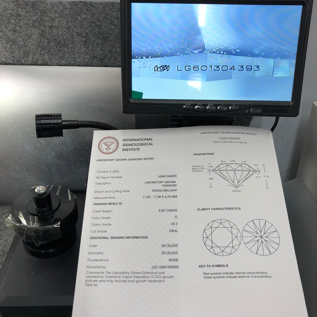 Diamant synthétique de 5,02 carats G VS2 ID EX EX IGI certifié CVD diamant rond synthétique 