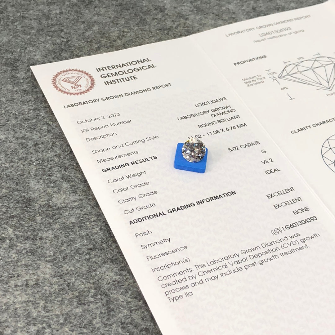 Diamant synthétique de 5,02 carats G VS2 ID EX EX IGI certifié CVD diamant rond synthétique 