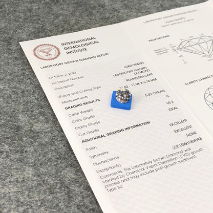 Diamant synthétique de 5,02 carats G VS2 ID EX EX IGI certifié CVD diamant rond synthétique 