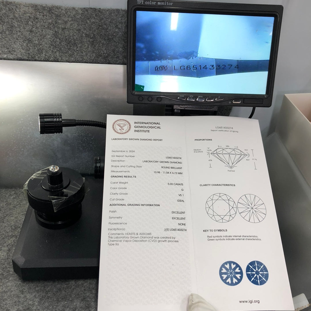 Diamant synthétique de 5,03 carats, certifié G, certifié IGI, CVD VS1 