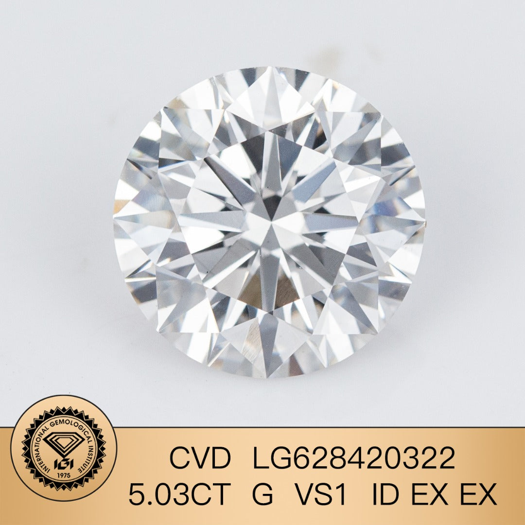 Diamant rond de 5,03 carats, cultivé en laboratoire, certifié IGI CVD VS1 G 3EX 