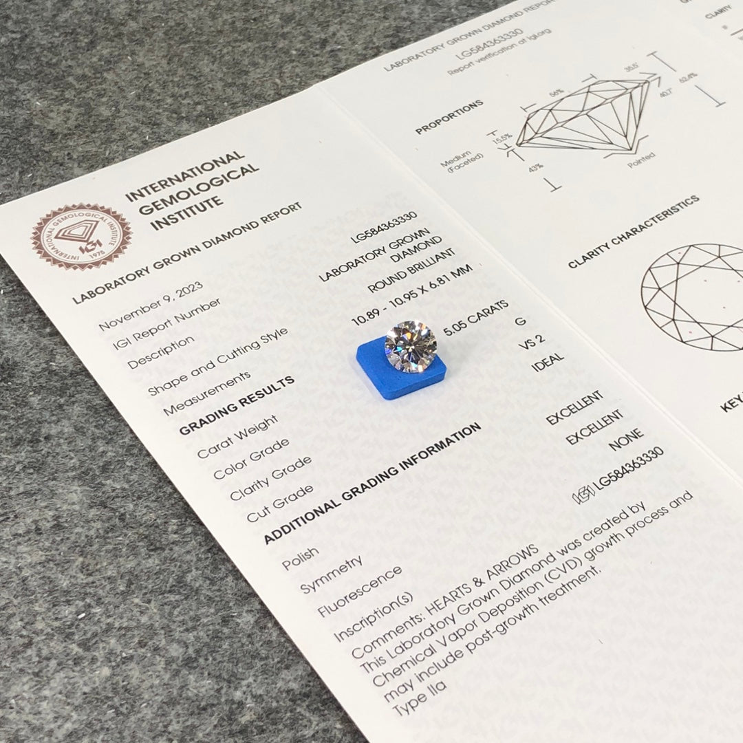 Diamant synthétique de 5,05 carats G VS2 ID 2EX, diamant rond synthétique certifié IGI CVD 