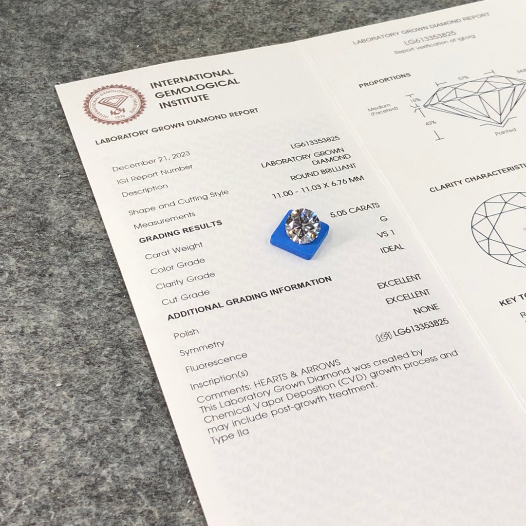 Diamant rond de 5,05 carats, cultivé en laboratoire, excellent, certifié IGI, CVD VS1 G 
