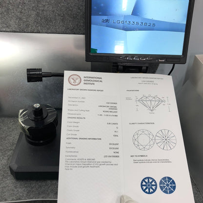 Diamant rond de 5,05 carats, cultivé en laboratoire, excellent, certifié IGI, CVD VS1 G 