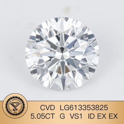 Diamant rond de 5,05 carats, cultivé en laboratoire, excellent, certifié IGI, CVD VS1 G 