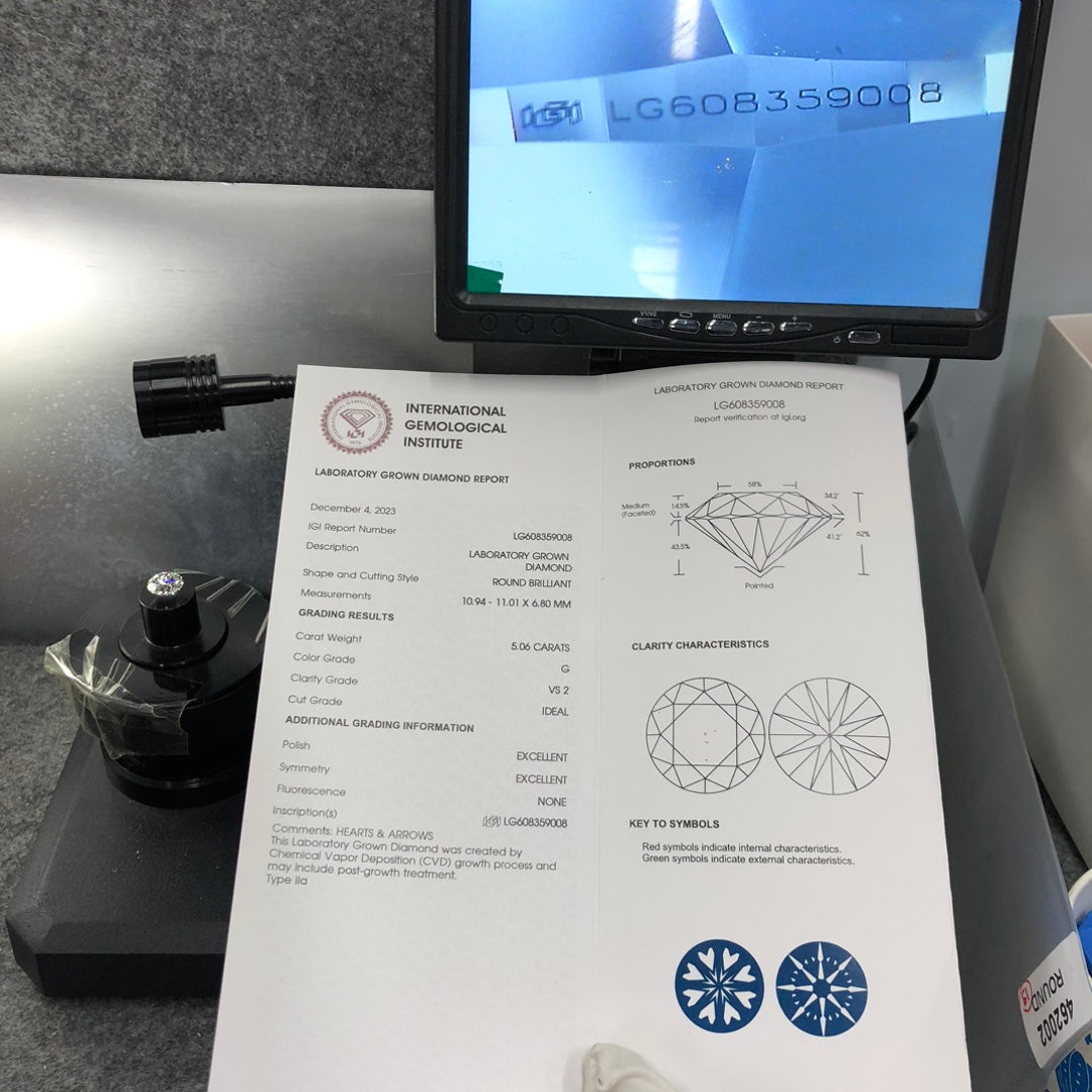 Diamant synthétique de 5,06 carats certifié IGI, taille G excellente, CVD VS2 