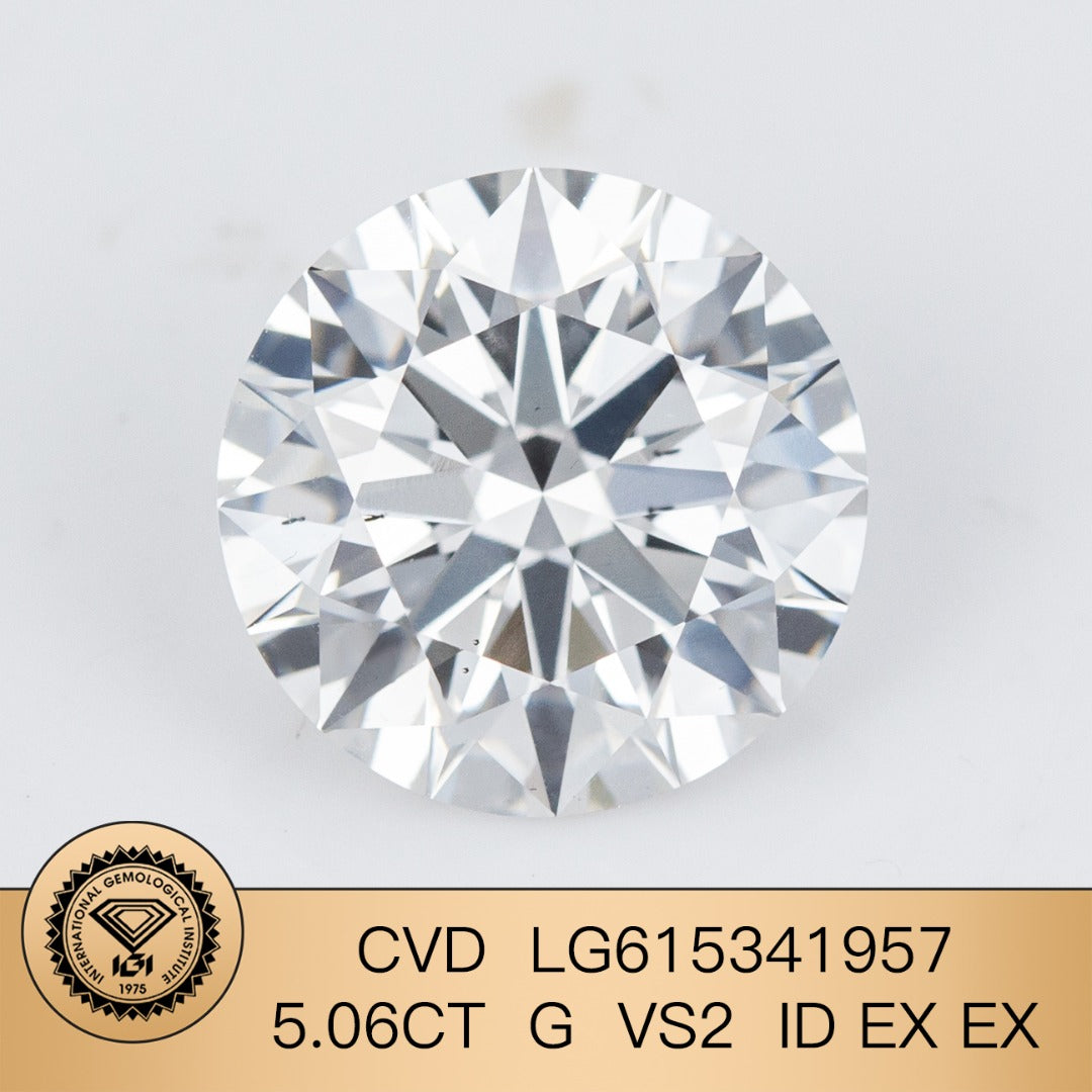 Diamant synthétique de 5,06 carats, certifié G IGI CVD VS2, taille EX EX 