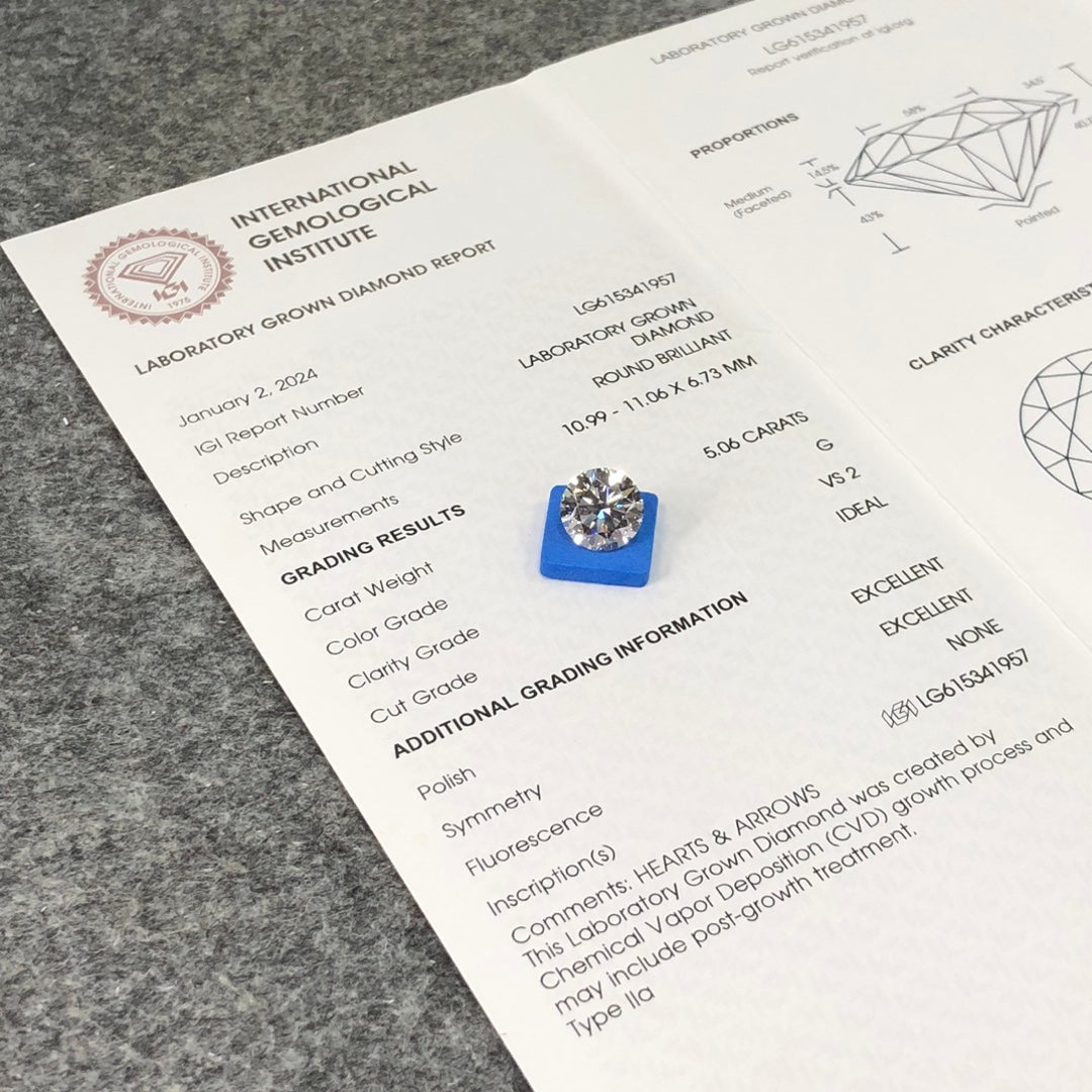 Diamant synthétique de 5,06 carats, certifié G IGI CVD VS2, taille EX EX 