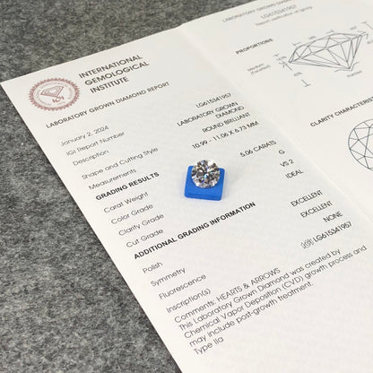 Diamant synthétique de 5,06 carats, certifié G IGI CVD VS2, taille EX EX 