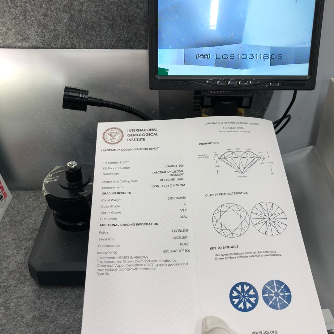 Diamant synthétique de 5,06 carats, certifié G VS2 par l'IGI, taille CVD ID 2EX 