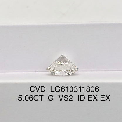 Diamant synthétique de 5,06 carats, certifié G VS2 par l'IGI, taille CVD ID 2EX 