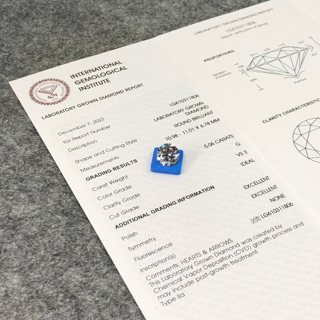 Diamant synthétique de 5,06 carats, certifié G VS2 par l'IGI, taille CVD ID 2EX 
