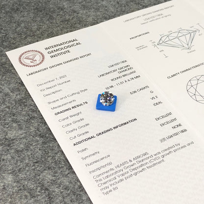 Diamant synthétique de 5,06 carats, certifié G VS2 par l'IGI, taille CVD ID 2EX 