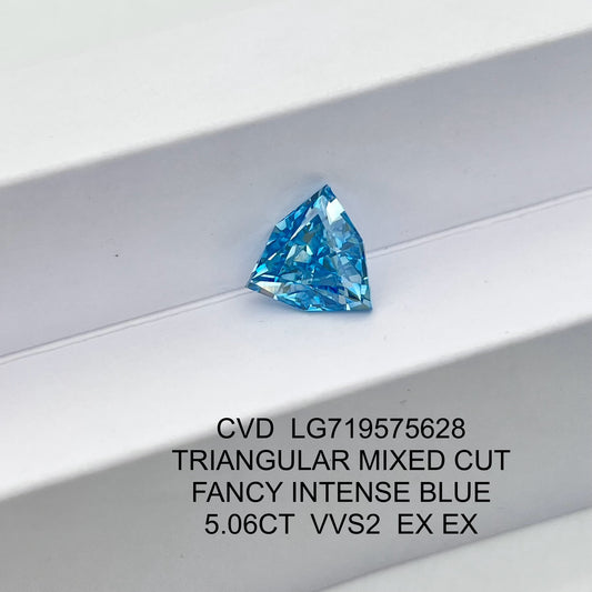 5.06 Carat Lab Grown Diamond Triangular Mixed Cut 2EX IGI Certified CVD VVS2 Fancy Intense Blue