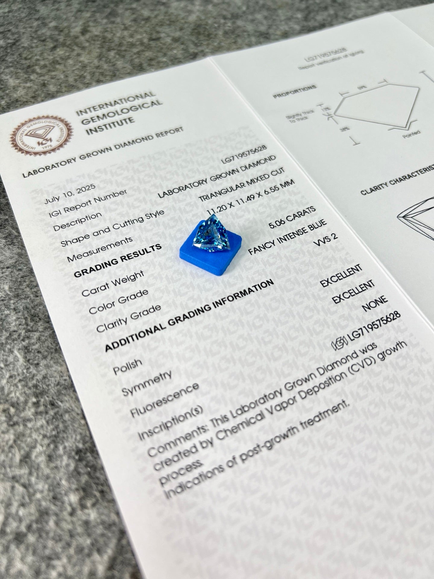 Diamant de laboratoire de 5,06 carats, taille mixte triangulaire, certifié IGI 2EX, CVD VVS2, bleu intense fantaisie 