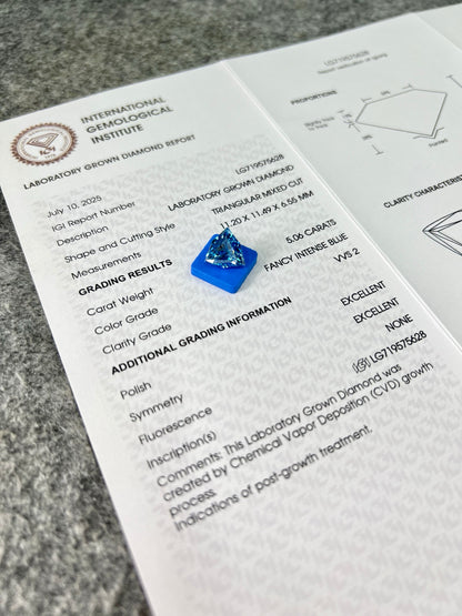Diamant de laboratoire de 5,06 carats, taille mixte triangulaire, certifié IGI 2EX, CVD VVS2, bleu intense fantaisie 