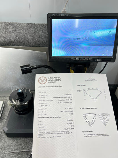 Diamant de laboratoire de 5,06 carats, taille mixte triangulaire, certifié IGI 2EX, CVD VVS2, bleu intense fantaisie 