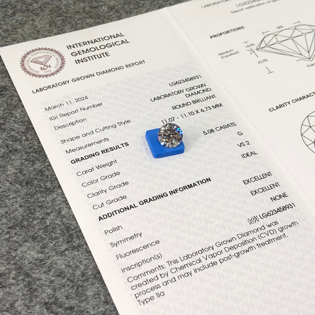 Diamant synthétique synthétique de 5,08 carats, certifié IGI, cultivé en laboratoire, taille G, excellente, CVD, VS2 
