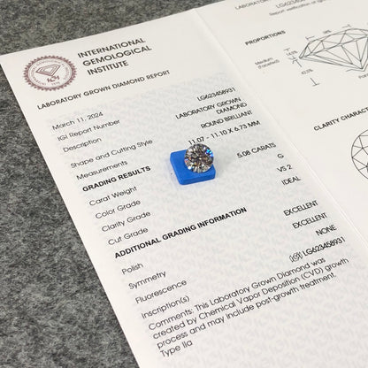 Diamant synthétique synthétique de 5,08 carats, certifié IGI, cultivé en laboratoire, taille G, excellente, CVD, VS2 