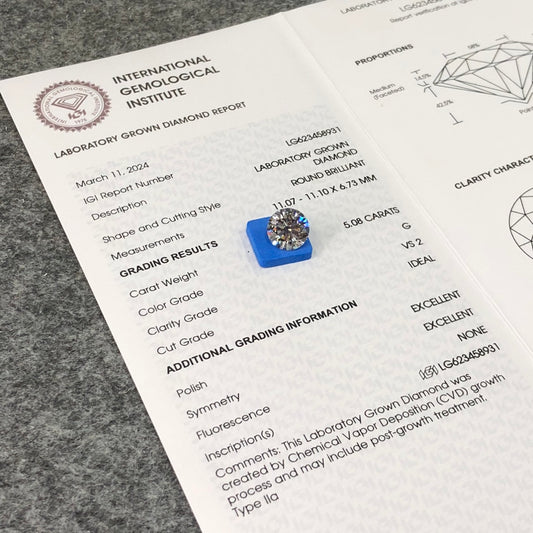 Diamant synthétique synthétique de 5,08 carats, certifié IGI, cultivé en laboratoire, taille G, excellente, CVD, VS2 