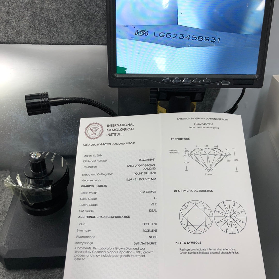 Diamant synthétique synthétique de 5,08 carats, certifié IGI, cultivé en laboratoire, taille G, excellente, CVD, VS2 