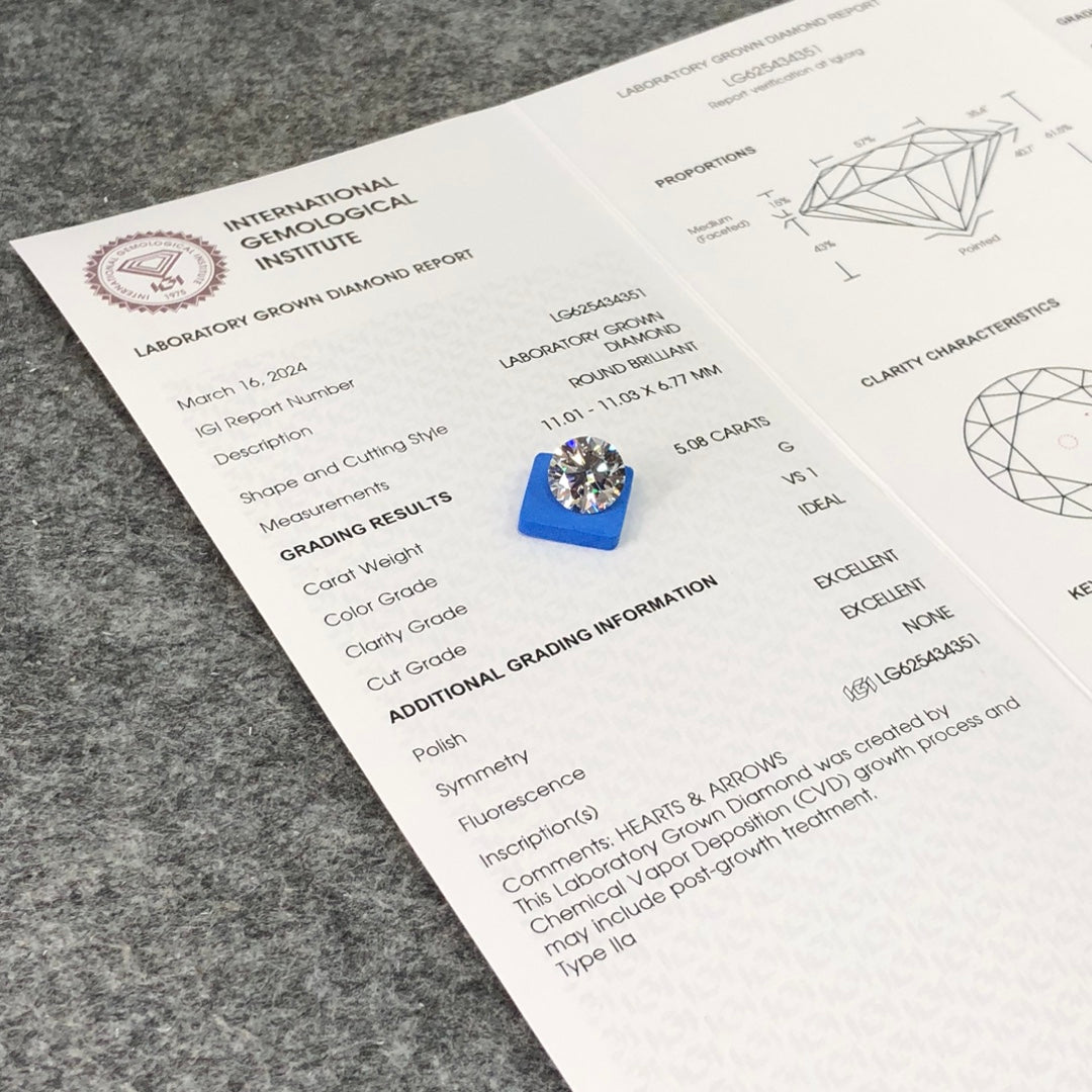 Diamant synthétique de 5,08 carats, certifié IGI, CVD VS1, certifié G Excellent 