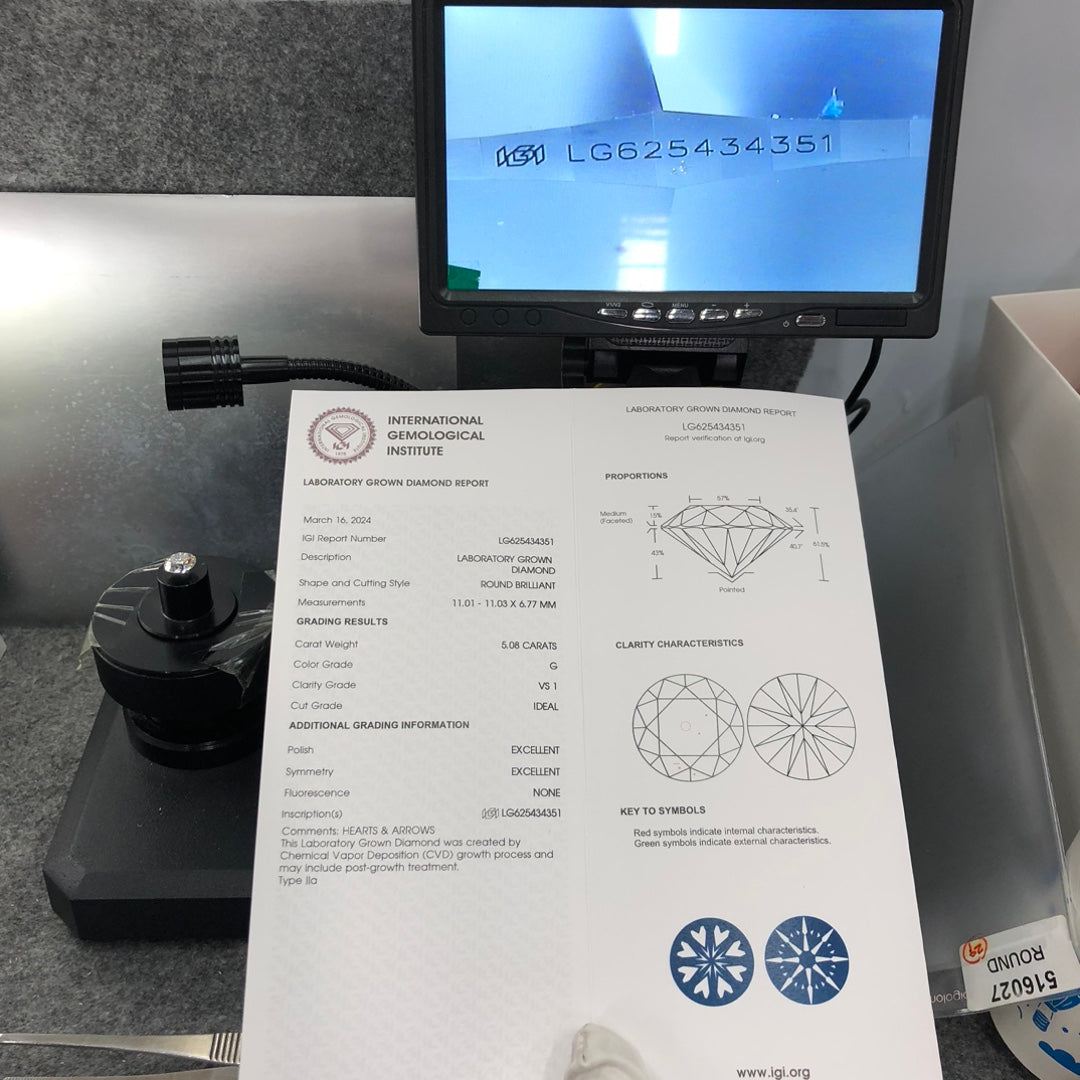 Diamant synthétique de 5,08 carats, certifié IGI, CVD VS1, certifié G Excellent 