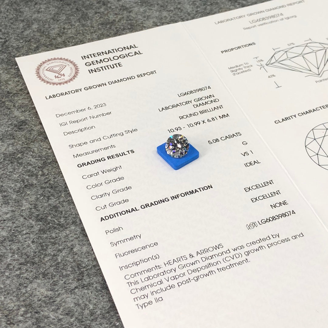 Diamant synthétique de 5,08 carats G EX ID certifié IGI CVD VS1 