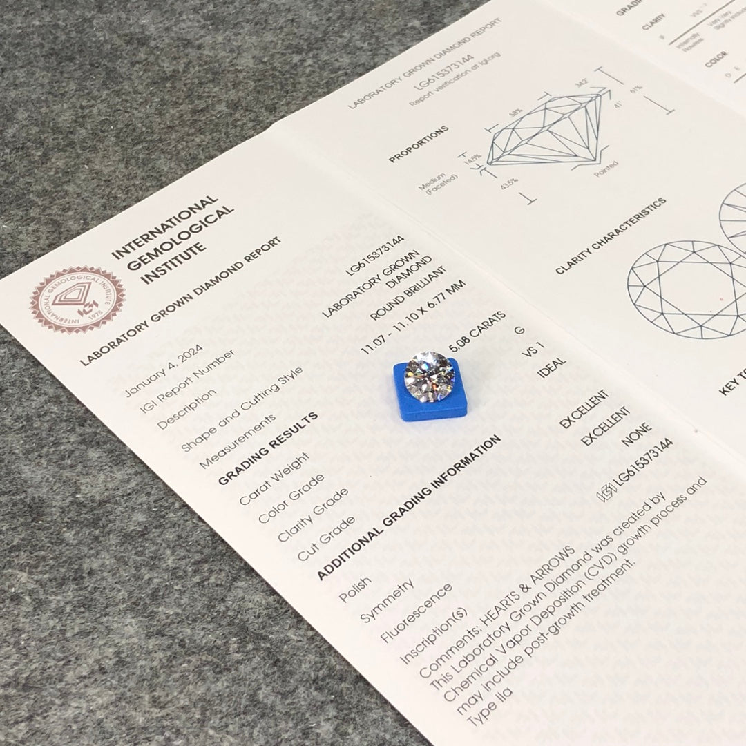 Diamant synthétique de 5,08 carats, taille idéale G, certifié IGI CVD VS1 