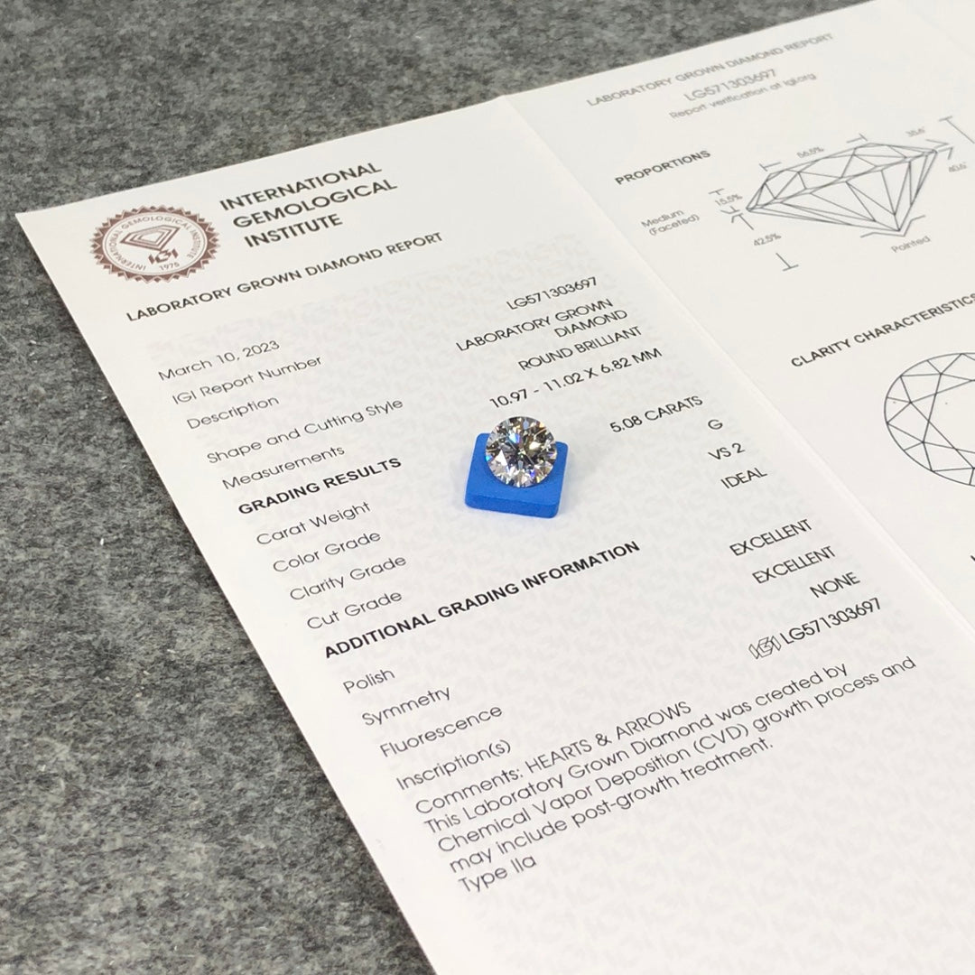 Diamant synthétique de 5,08 carats G VS2 ID EX EX Diamant rond CVD certifié IGI fabriqué par l'homme 