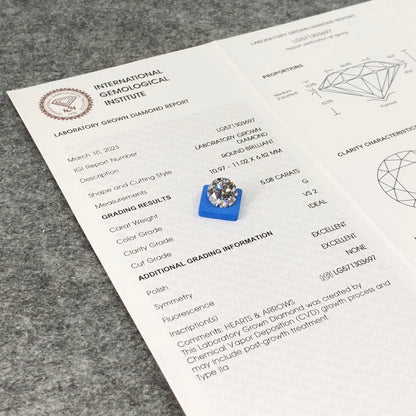 Diamant synthétique de 5,08 carats G VS2 ID EX EX Diamant rond CVD certifié IGI fabriqué par l'homme 
