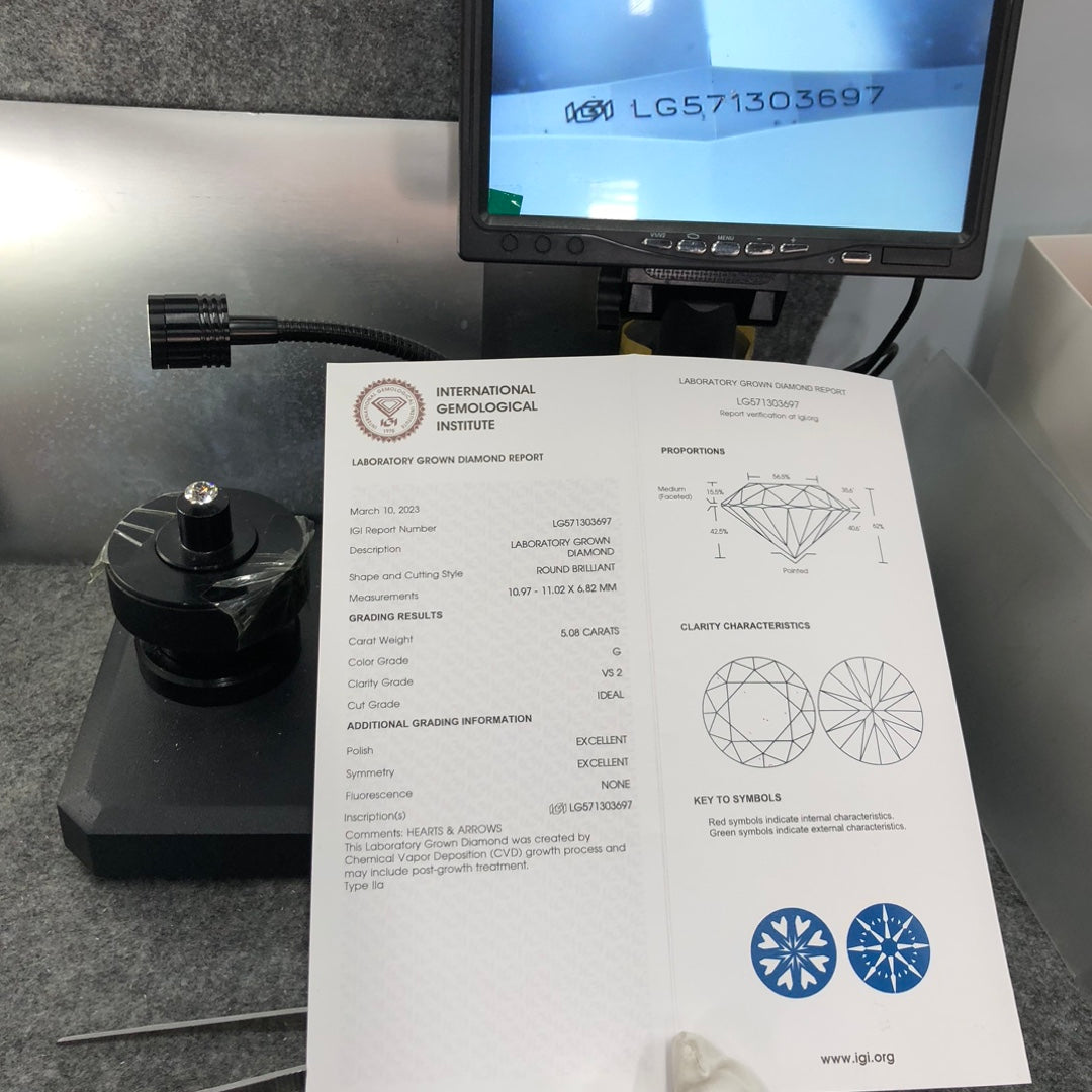 Diamant synthétique de 5,08 carats G VS2 ID EX EX Diamant rond CVD certifié IGI fabriqué par l'homme 