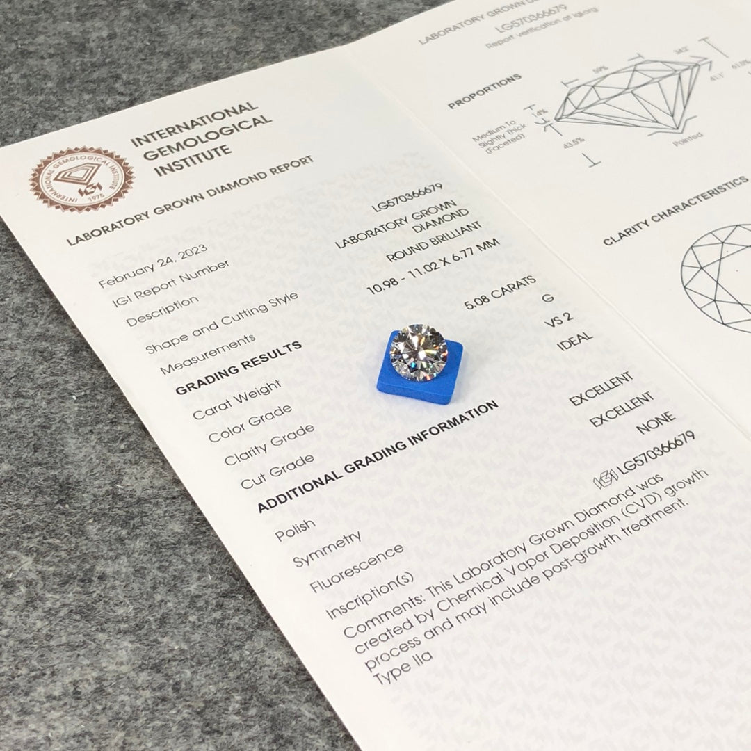Diamant synthétique CVD certifié IGI de 5,08 carats, fabriqué en laboratoire, G VS2 ID EX EX 