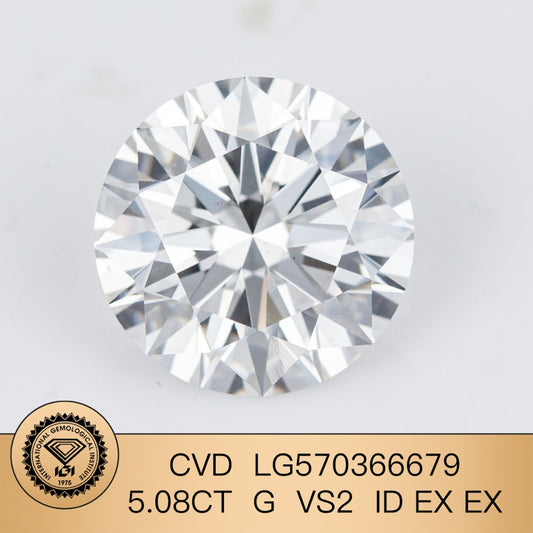 Diamant synthétique CVD certifié IGI de 5,08 carats, fabriqué en laboratoire, G VS2 ID EX EX