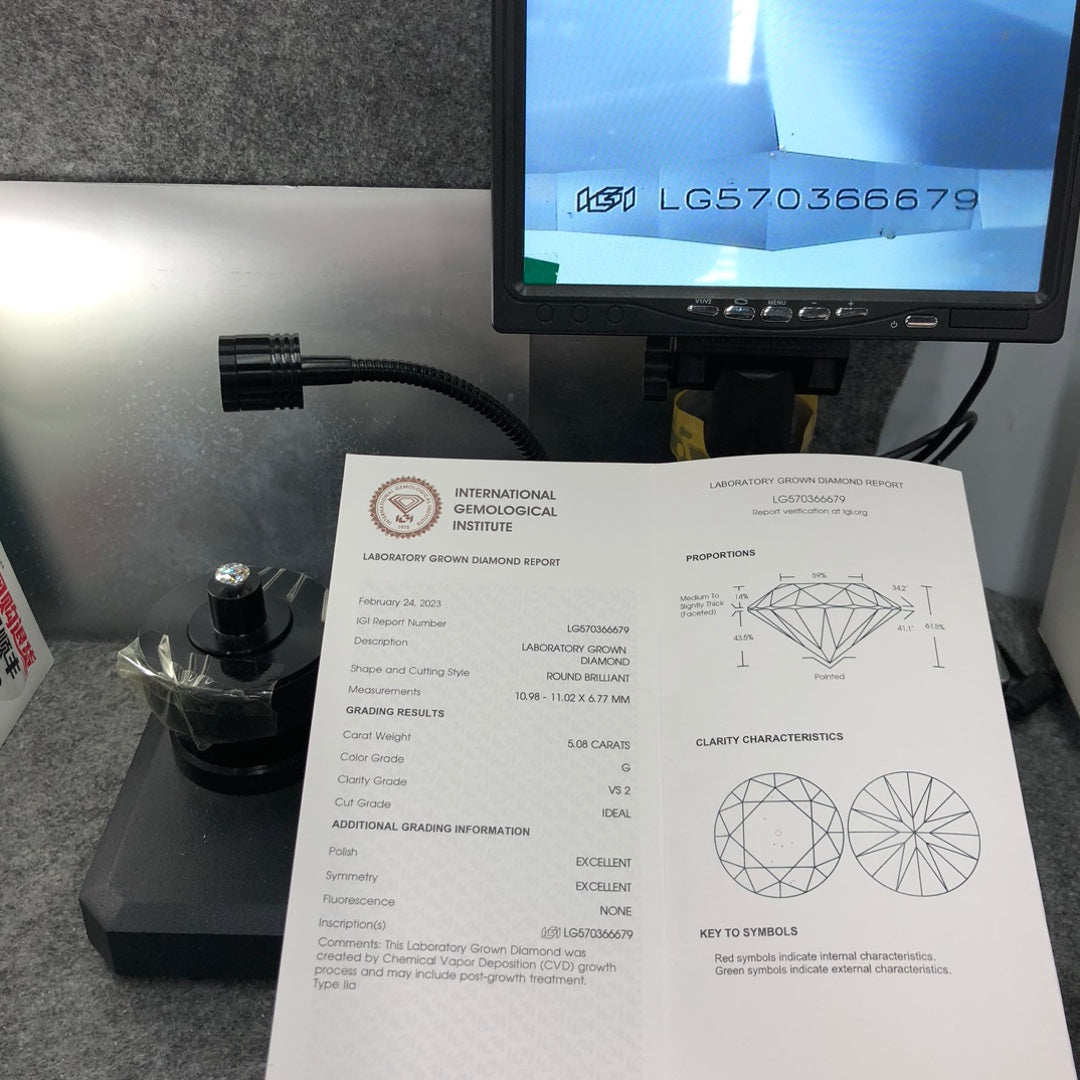 Diamant synthétique CVD certifié IGI de 5,08 carats, fabriqué en laboratoire, G VS2 ID EX EX 