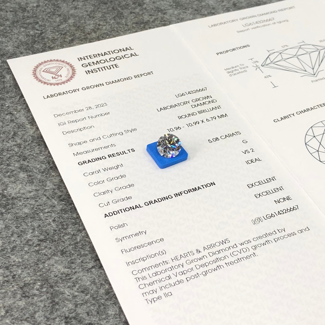 Diamant synthétique de 5,08 carats, taille G VS2, ID EX EX, certifié IGI, taille ronde CVD 