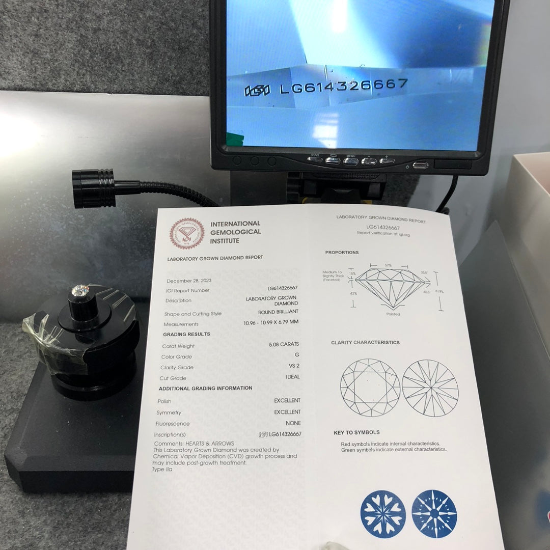 Diamant synthétique de 5,08 carats, taille G VS2, ID EX EX, certifié IGI, taille ronde CVD 