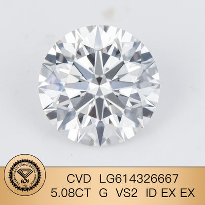 Diamant synthétique de 5,08 carats, taille G VS2, ID EX EX, certifié IGI, taille ronde CVD 