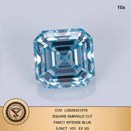 5.09 Carat Lab Grown Diamond Fancy Intense Blue VS1 Square Emerald EX VG CVD Wholesale