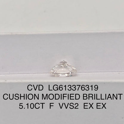 Diamant de laboratoire coussin de 5,10 carats 2EX certifié IGI CVD VVS2 F 
