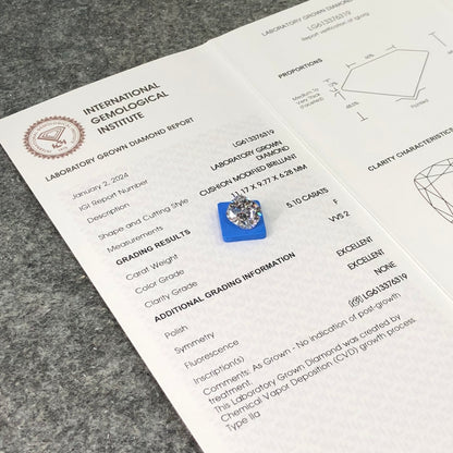 Diamant de laboratoire coussin de 5,10 carats 2EX certifié IGI CVD VVS2 F 